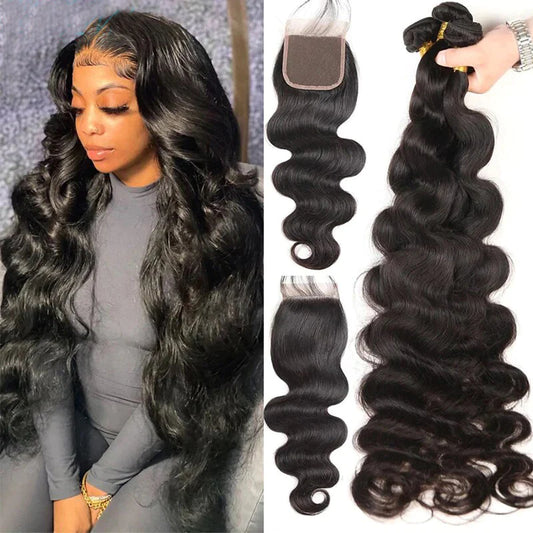 Body Wave Hair 3 Bundles With Closure 100% Virgin Human Hair Extensions With 4x4 Lace Closure