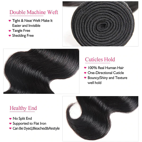 Body Wave Hair 3 Bundles With Closure 100% Virgin Human Hair Extensions With 4x4 Lace Closure