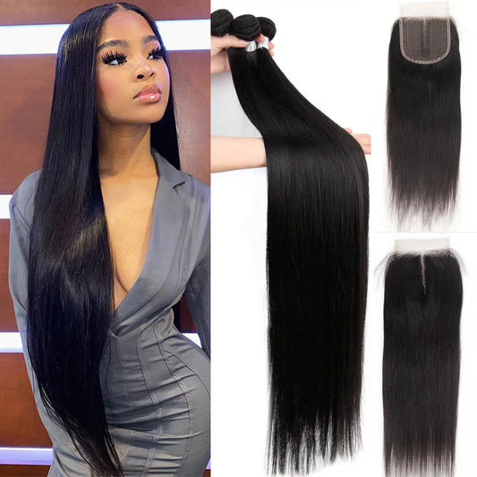 Straight Weave Bundles With Closure 4x4 Lace Closure With 3 Bundles Brazilian 100% Human Hair Extensions With Closure