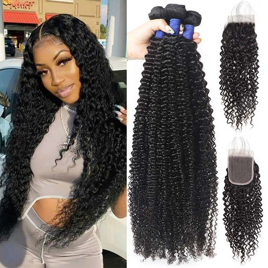 Brazilian Curly Hair 3 Bundles and Lace Closure with Baby Hair