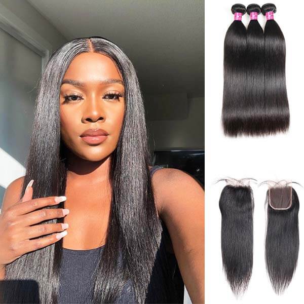 Straight Weave Bundles With Closure 4x4 Lace Closure With 3 Bundles Brazilian 100% Human Hair Extensions With Closure